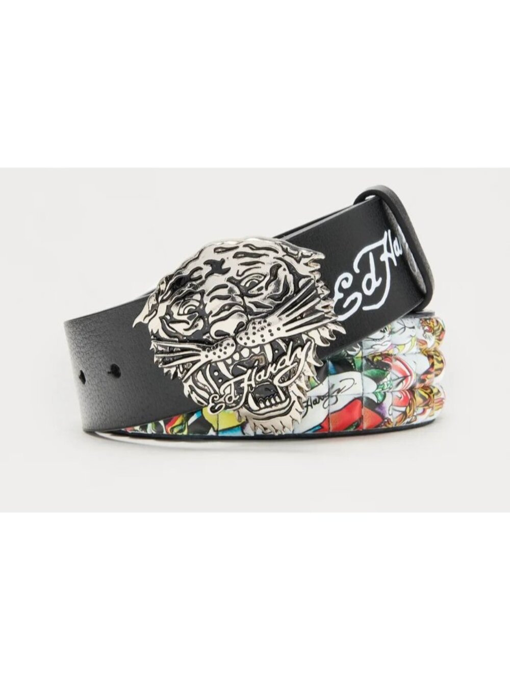 Ed Hardy Tiger Belt Buckle Skull Tattoo Studded Y2K Black Size 42
